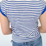 Blue and white striped top from the backside.