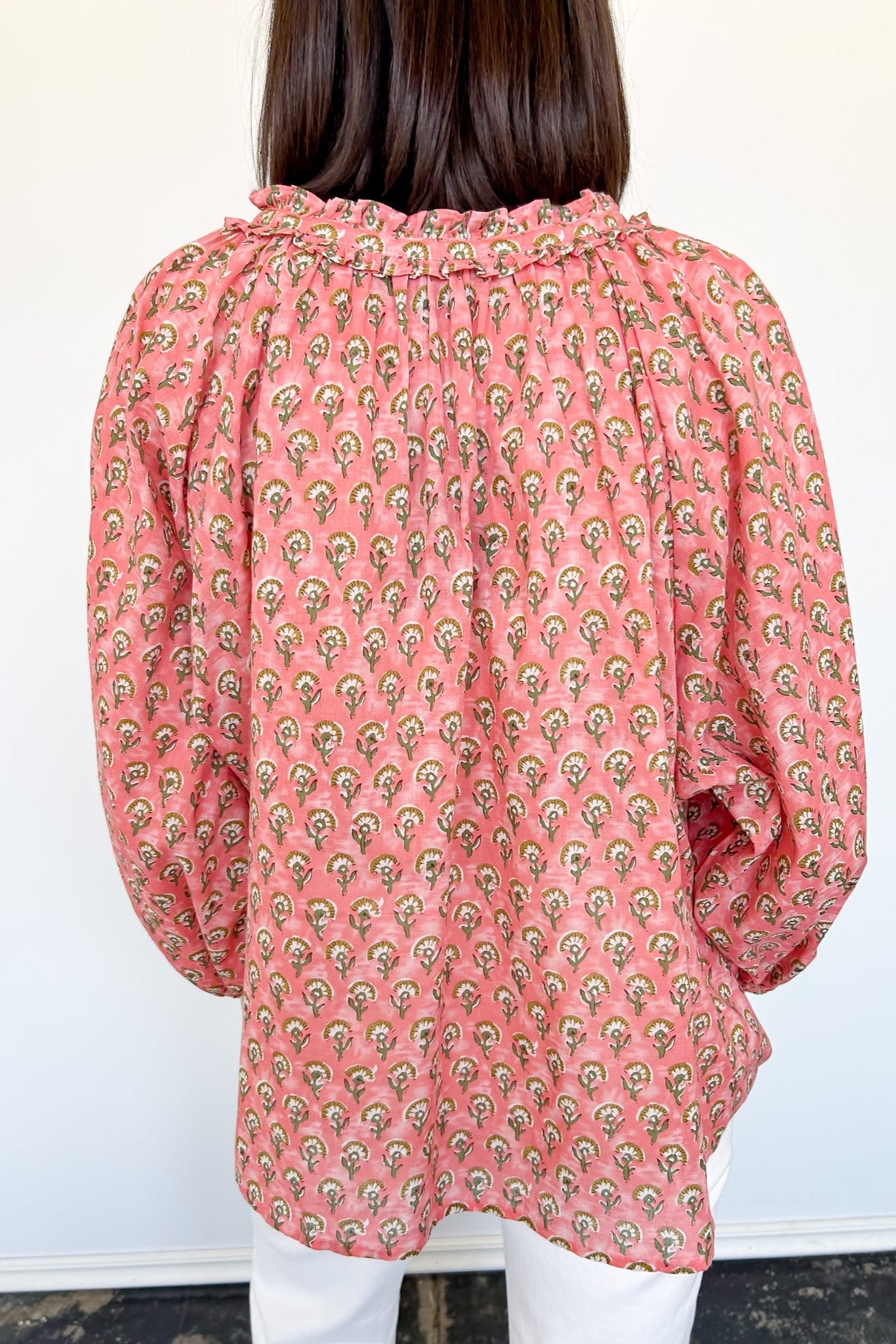 Dandelion print. Salmon in color. V neckline. Blouse style. Oversized fit.