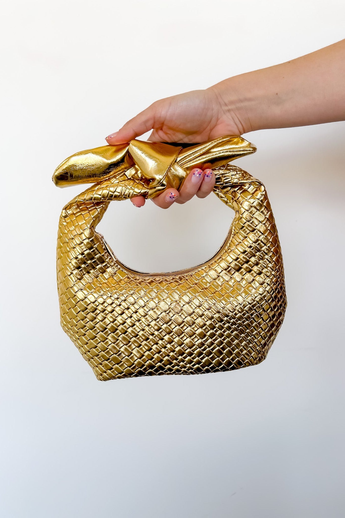 Metallic Woven Knot Handle Bag