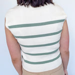 Sweater tank with collar and small v neckline. Cream with olive horizontal stripes. Regular fit. 