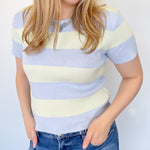 Blue and cream striped sweater top. High neckline. Slightly cropped style.