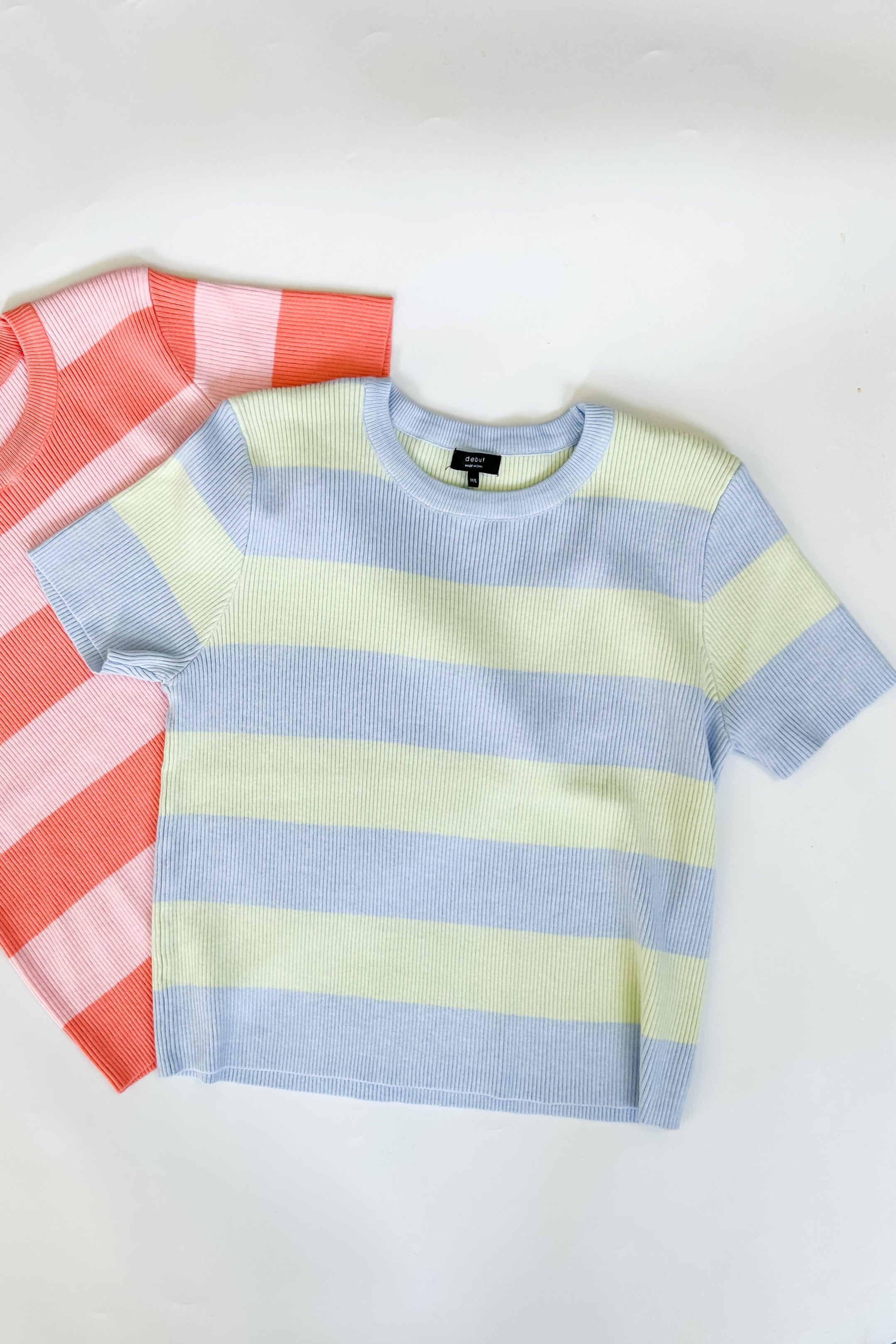 Blue and cream striped sweater top. High neckline. Slightly cropped style.