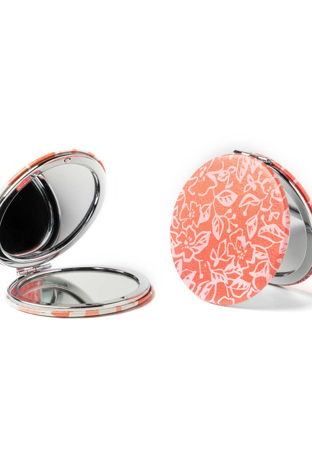 Compact mirror with floral pattern on a white background