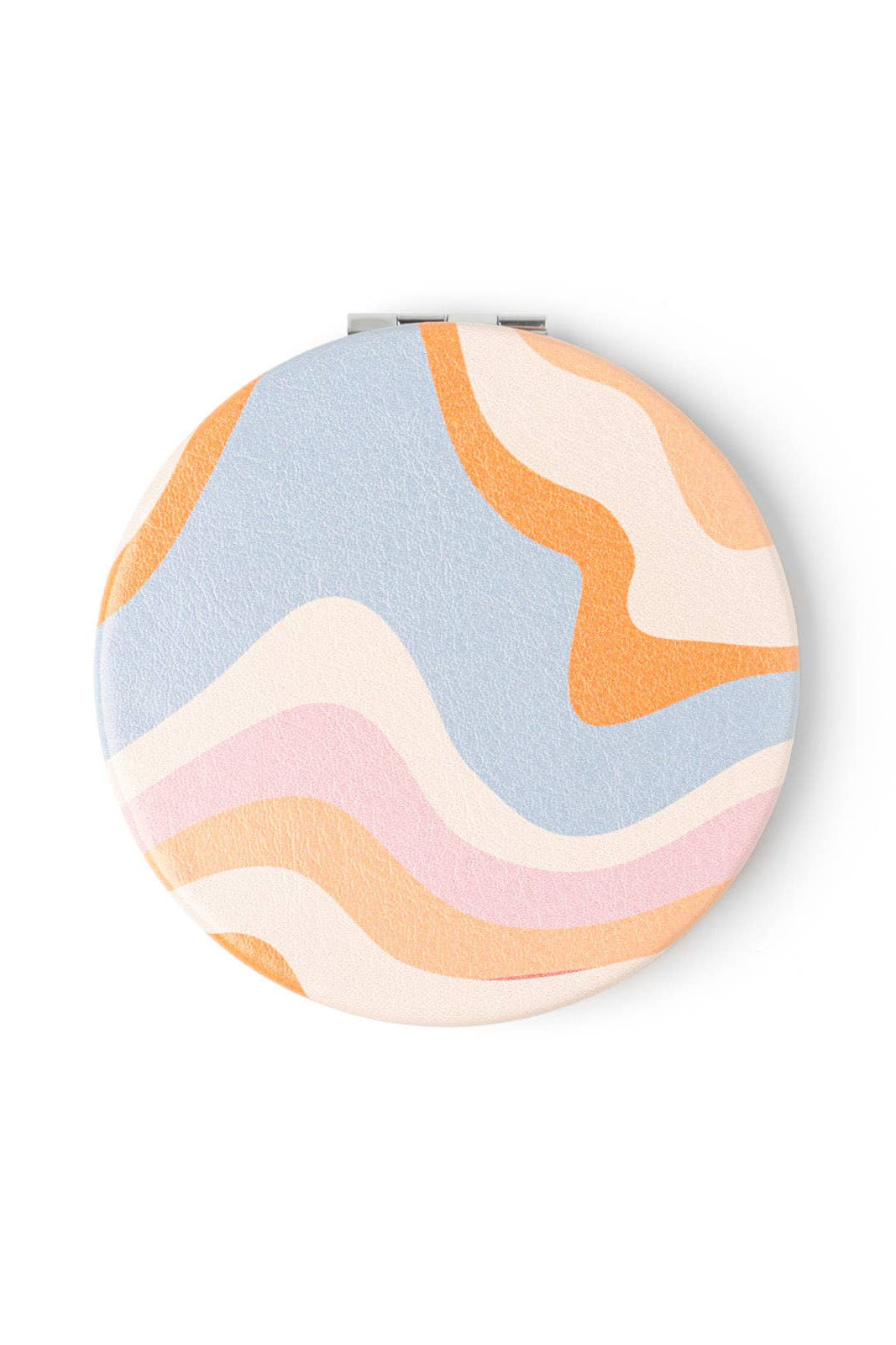 Round compact mirror with pastel wave pattern on a white background