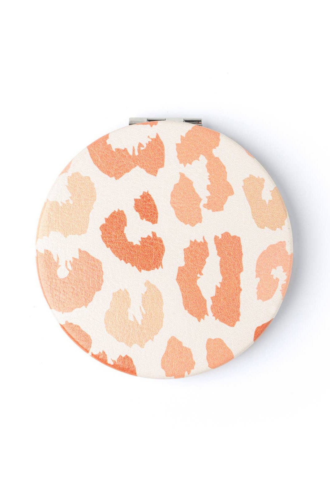 Compact mirror with orange and white leopard print on a white background