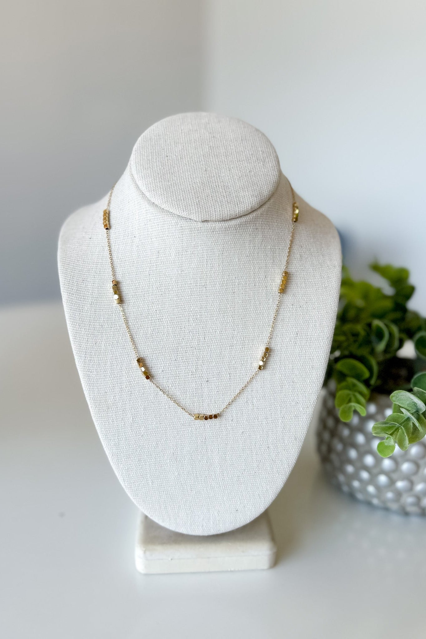 Necklace on a white bust with a plant in the background