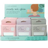 Display of Lemon Lavender 'ready, set, glow' mini LED makeup mirrors with packaging.
