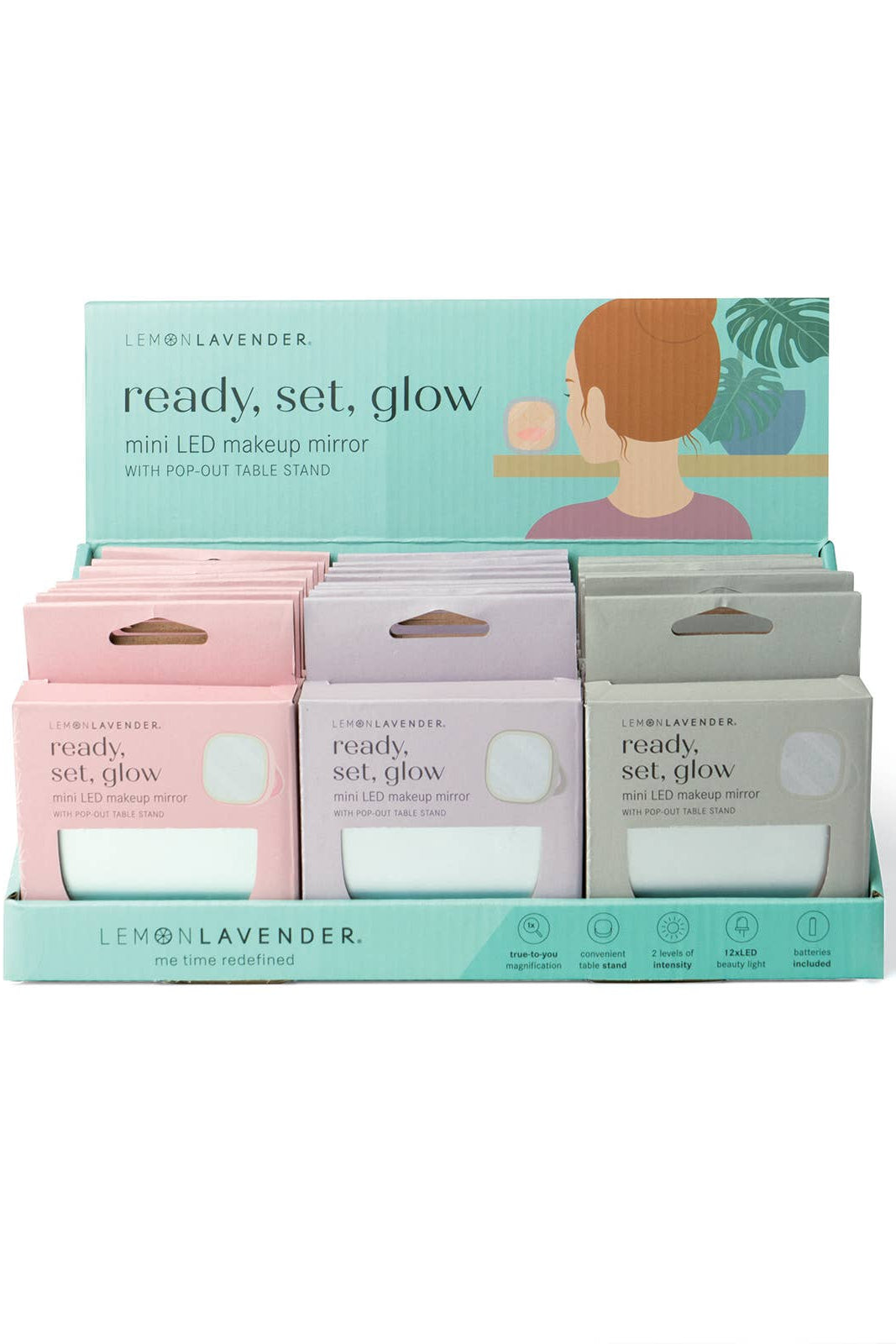 Display of Lemon Lavender 'ready, set, glow' mini LED makeup mirrors with packaging.