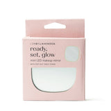 Packaged mini LED makeup mirror with 'Lemon Lavender' branding on a white background