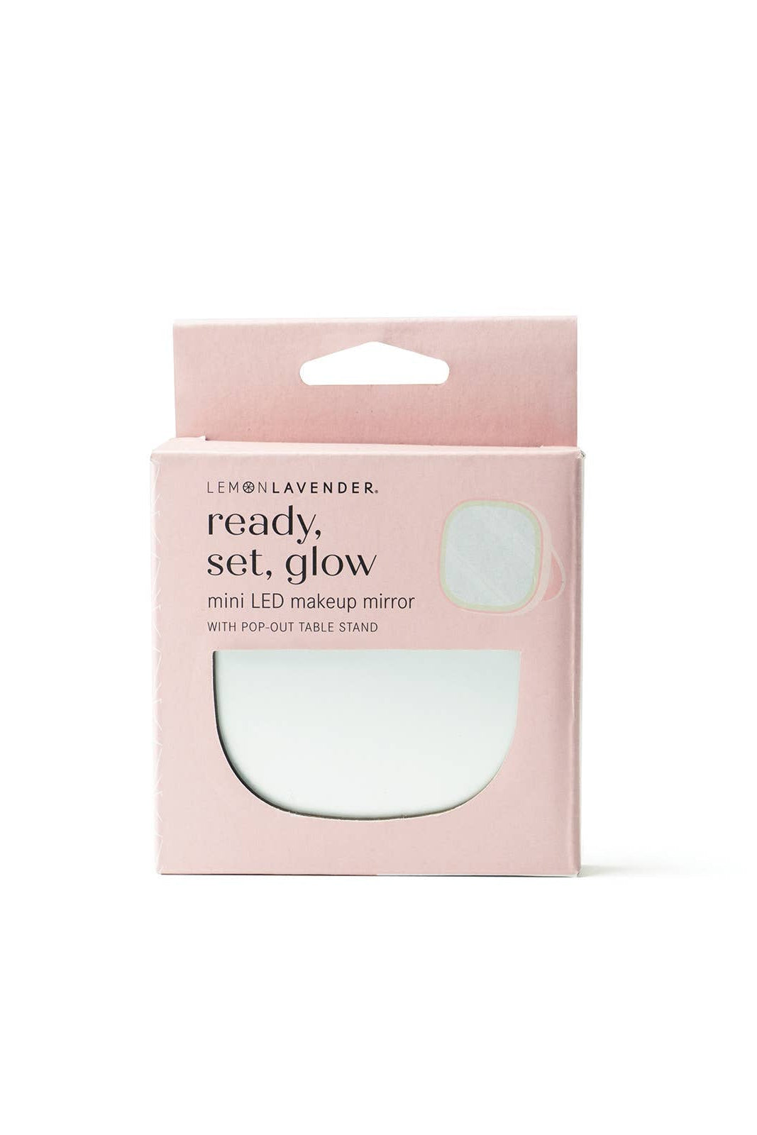Packaged mini LED makeup mirror with 'Lemon Lavender' branding on a white background
