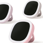 Three black circular devices with pink and white frames on a white background