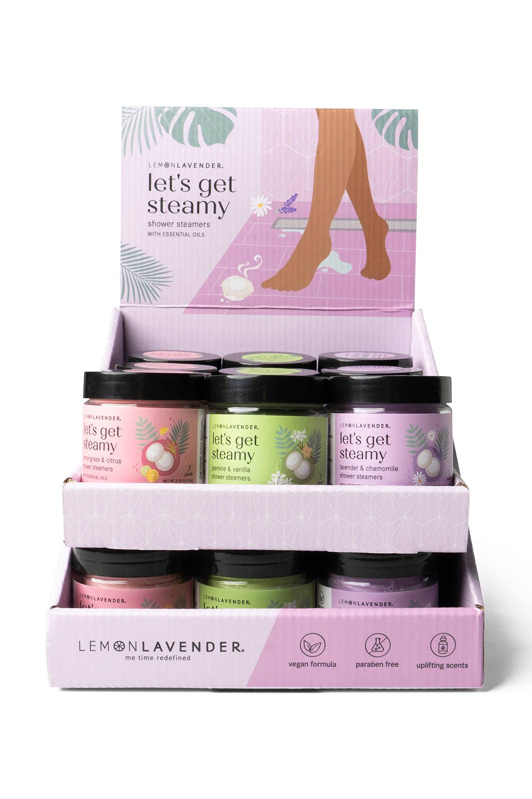 Display of Lemon Lavender 'Let's Get Steamy' shower bars with a pink box on a white background.