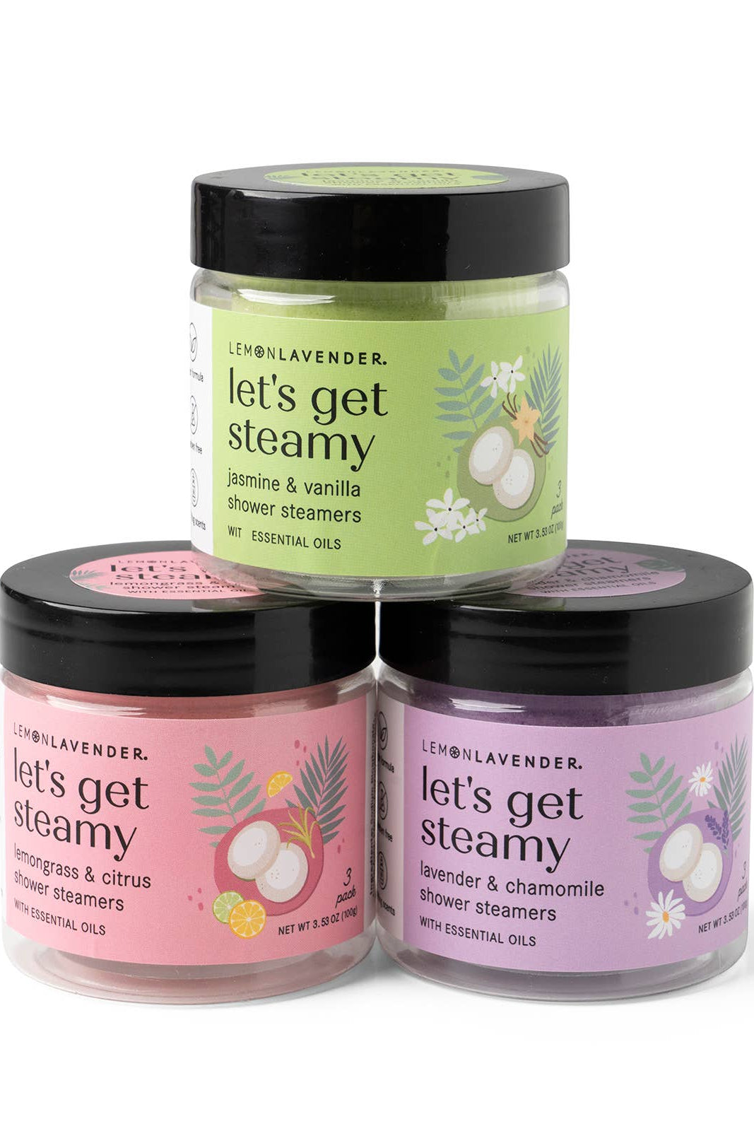 Three jars of 'let's get steamy' shower steamers with colorful labels on a white background.