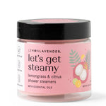 Jar of Lemon Lavender 'let's get steamy' shower steamers on a white background