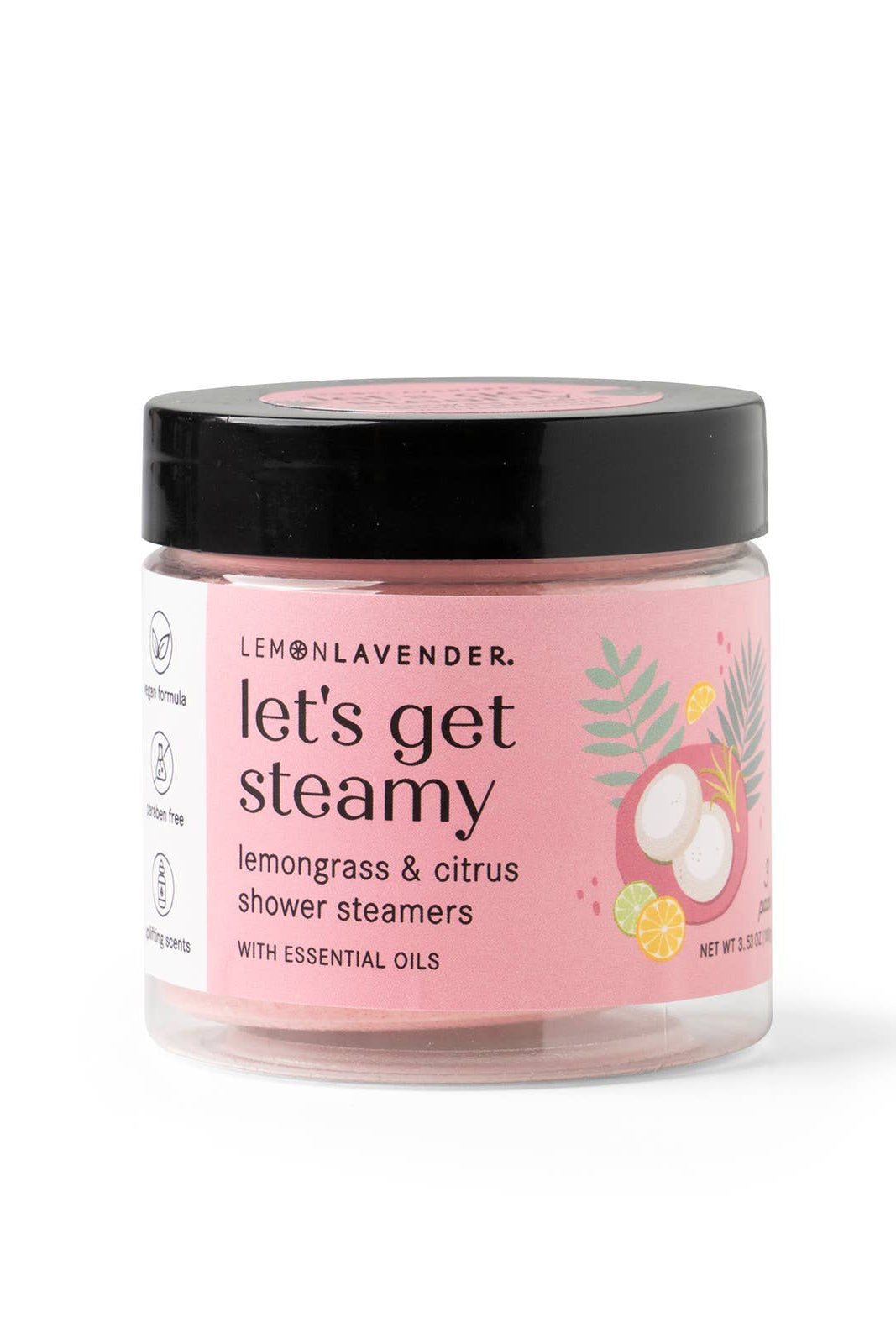 Jar of Lemon Lavender 'let's get steamy' shower steamers on a white background