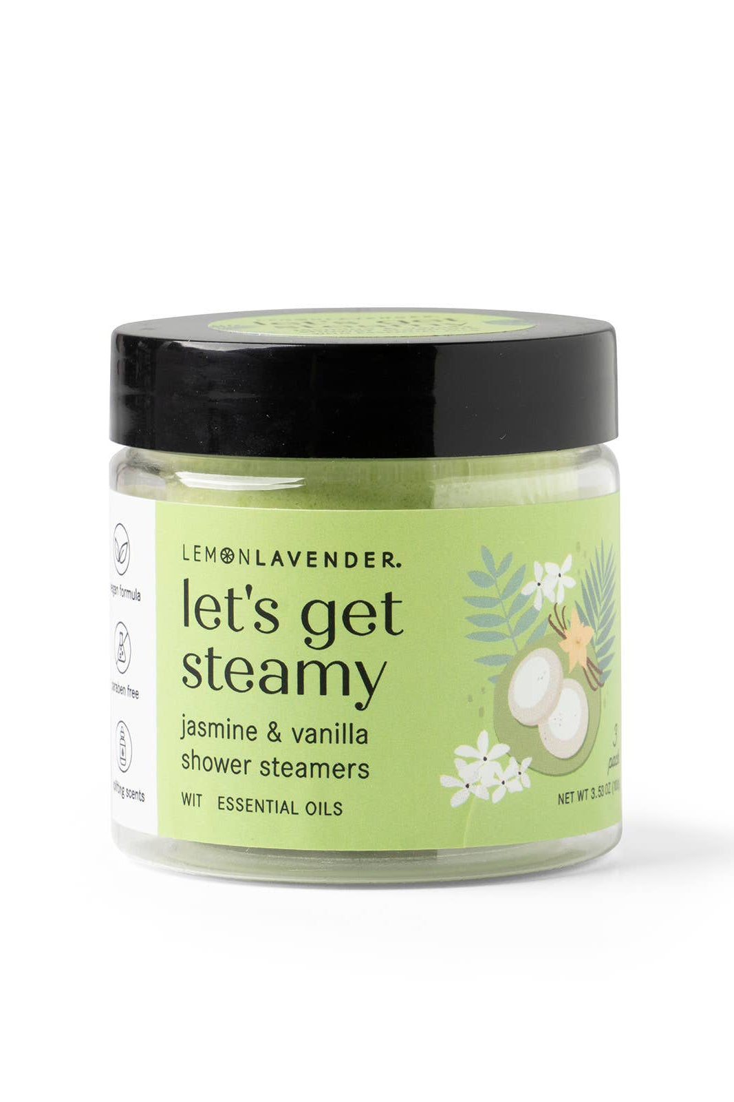 Jar of Lemon Lavender 'let's get steamy' shower steamers on a white background