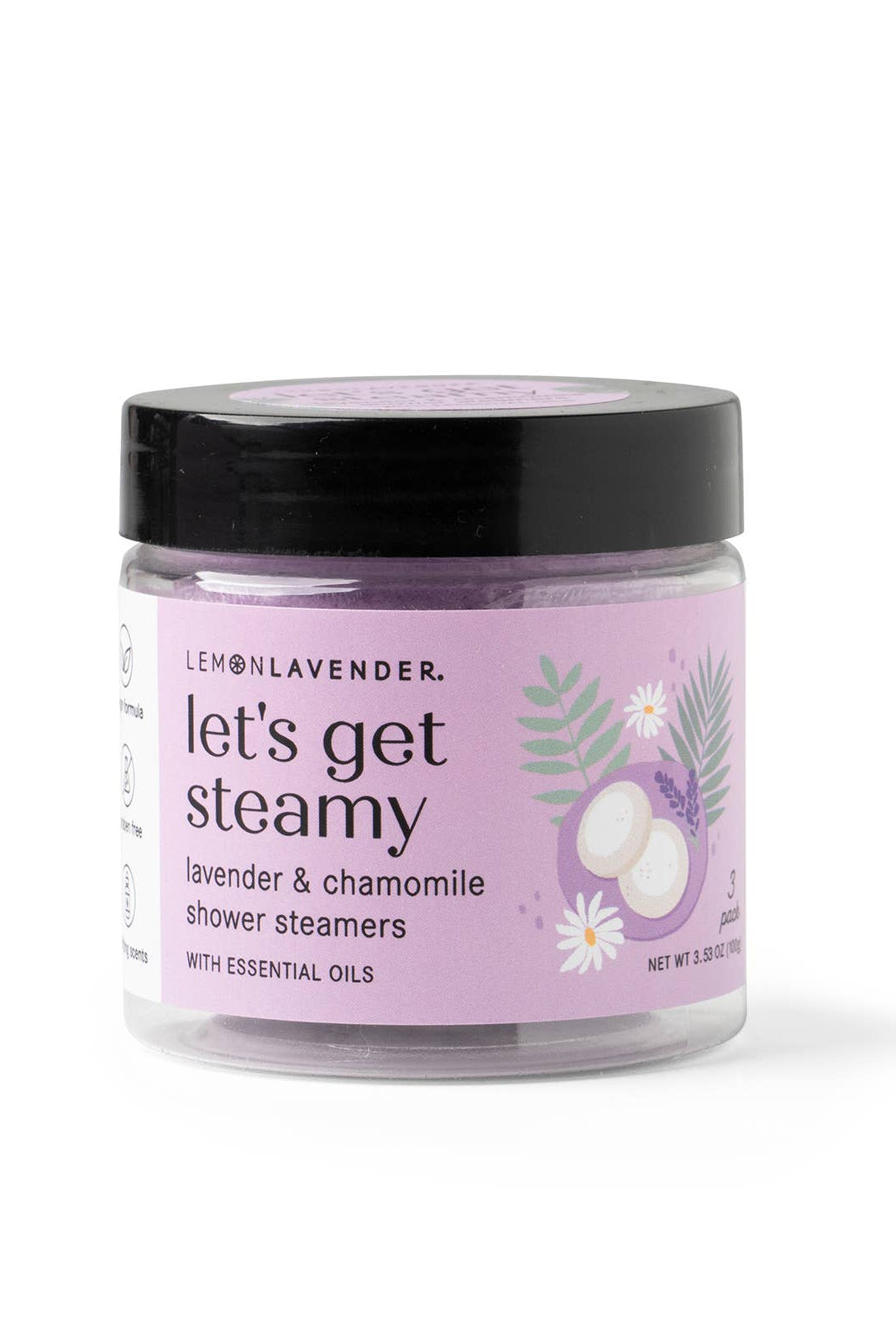 Jar of 'let's get steamy' lavender and chamomile shower steamers on a white background