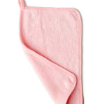 Pink towel with color swatches on a white background