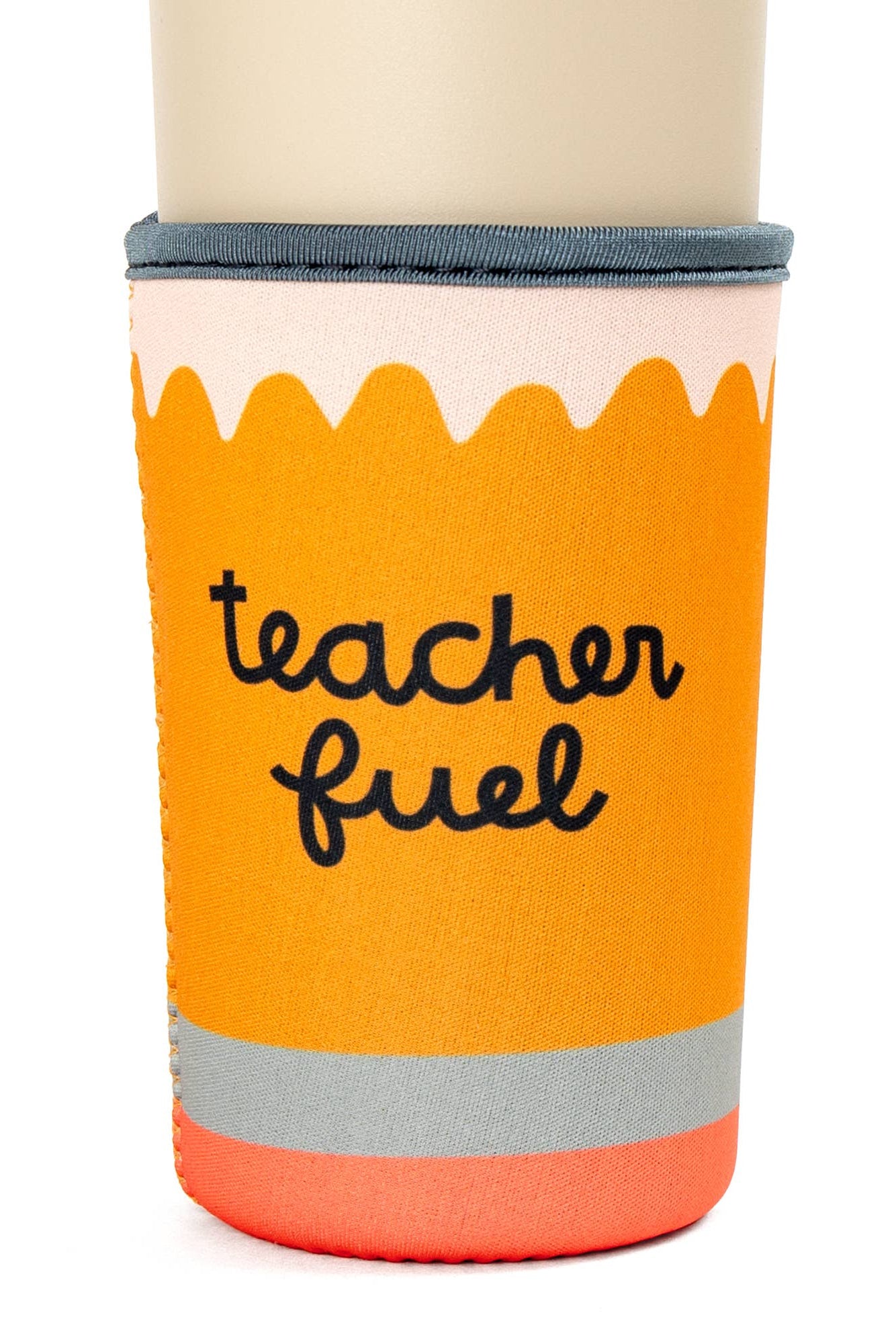 Tumbler with 'teacher fuel' design on a white background