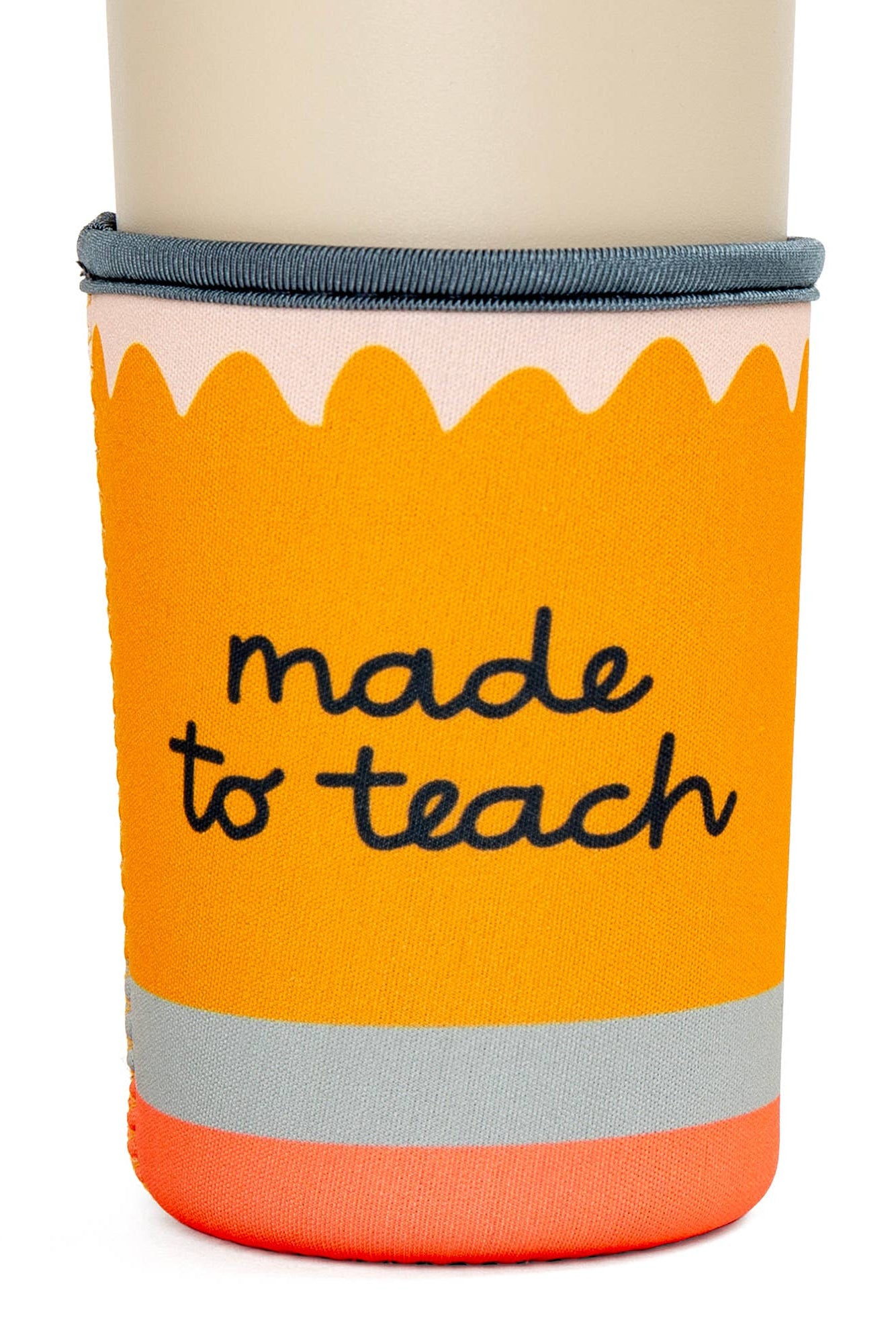 Orange pencil-shaped cup holder with 'made to teach' text on a white background
