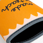 Neoprene can cooler shaped like a pencil with text on a white background
