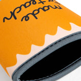 Neoprene can cooler shaped like a pencil with text on a white background