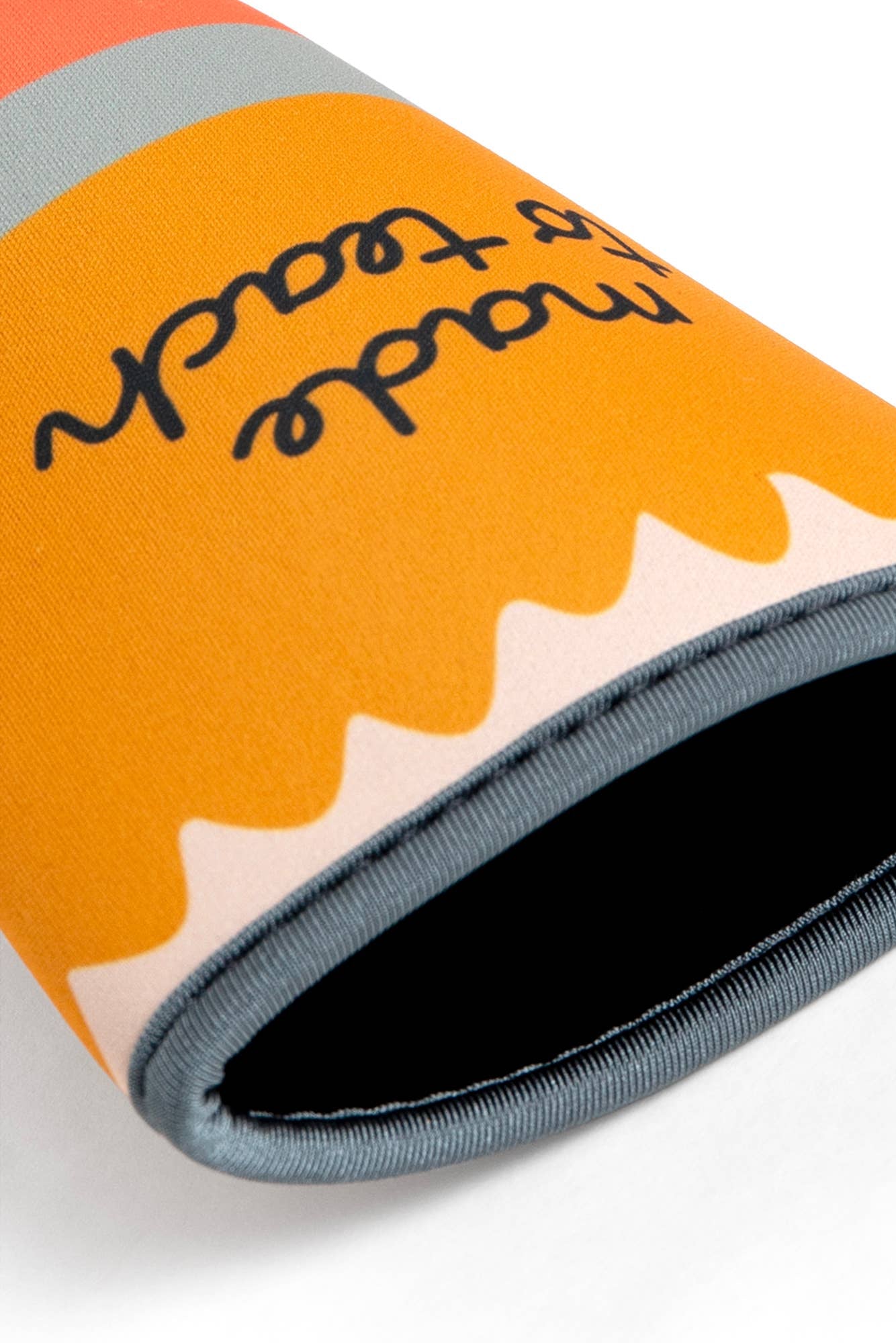 Neoprene can cooler shaped like a pencil with text on a white background