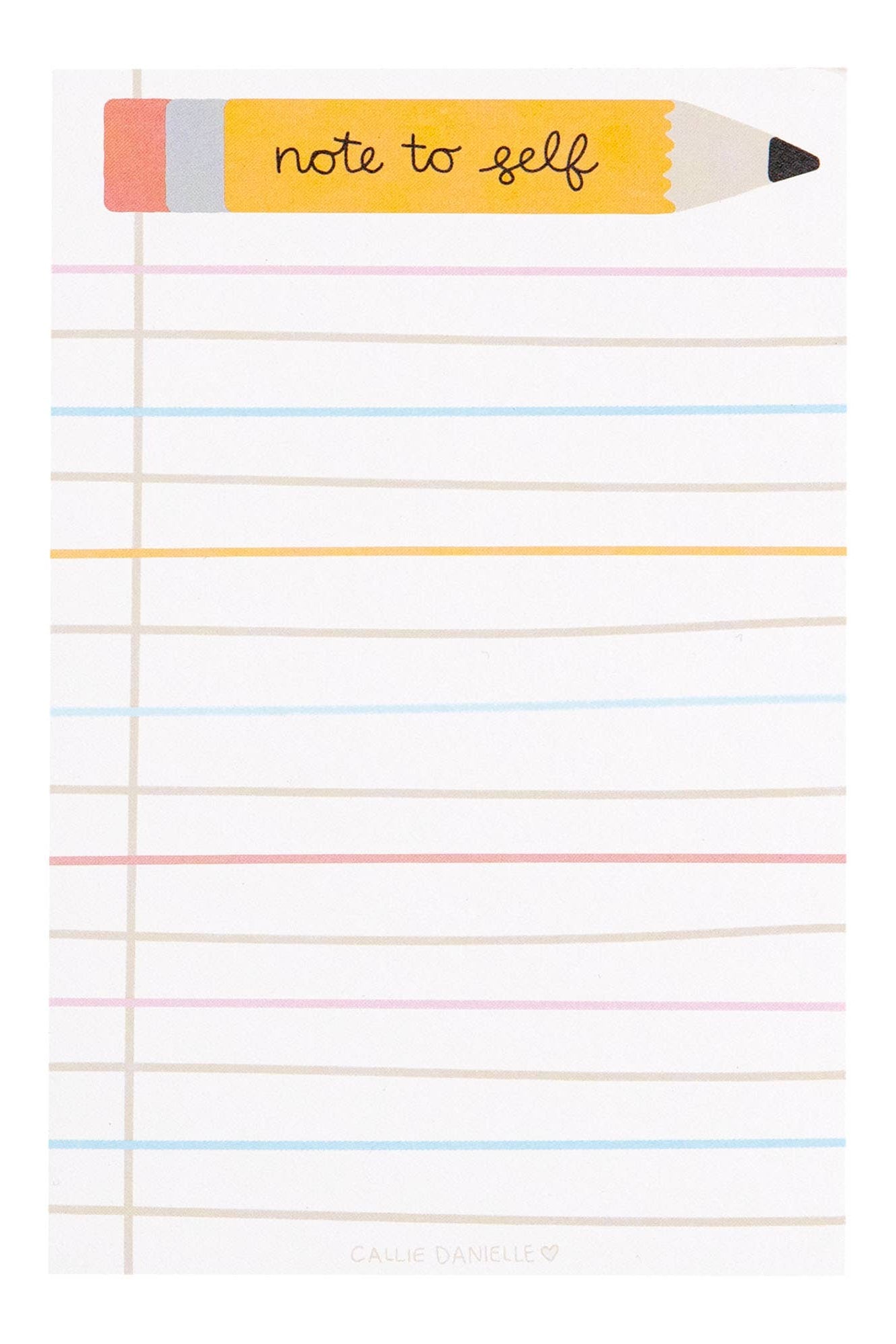 Notepad with colorful lines and a pencil-shaped tab labeled 'Note to Self' on a white background