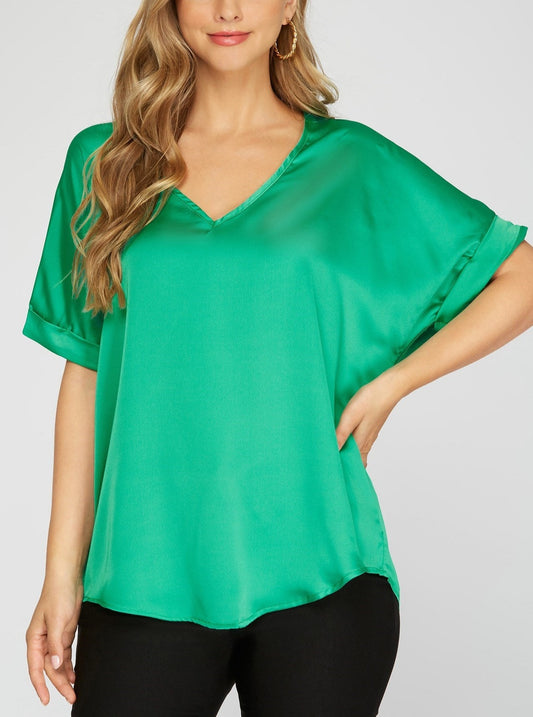 Drop Shoulder V-Neck Satin Top