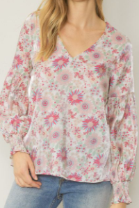 Satin Floral V-Neck Long Sleeve Top