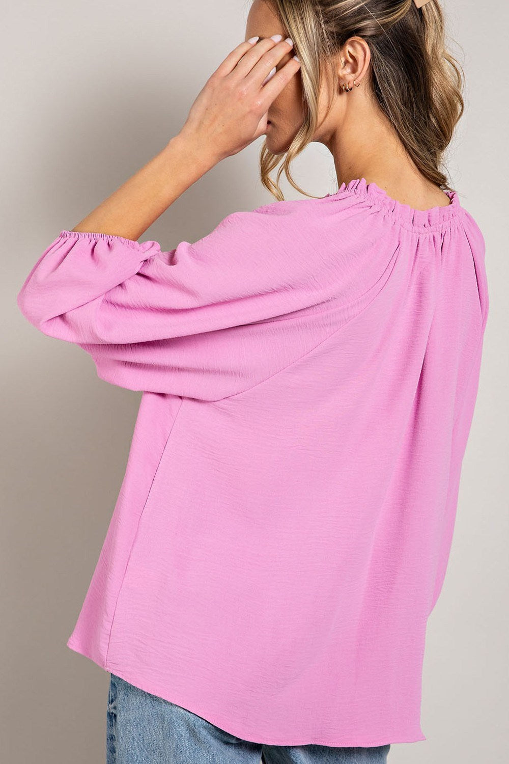 Ruffled V-Neck Top With 3/4 Sleeve