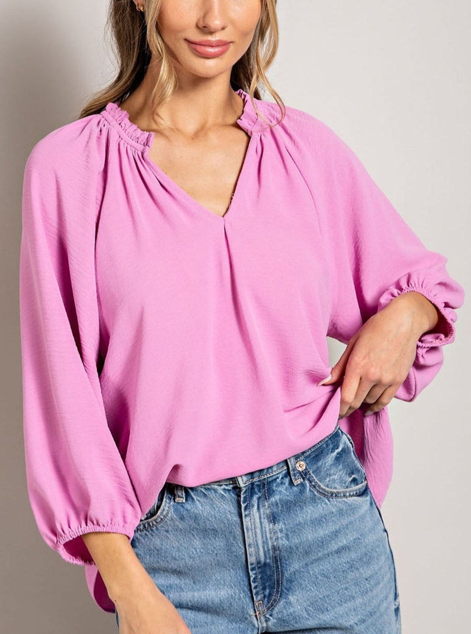 Ruffled V-Neck Top With 3/4 Sleeve