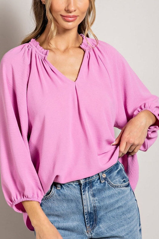 Ruffled V-Neck Top With 3/4 Sleeve