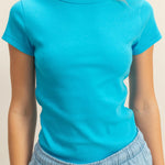 Aqua blue round neck top. Ribbed material and fitted style. Short sleeve.