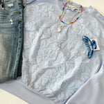 Light blue lace top with jeans and accessories on a white surface