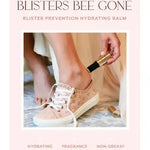 Blisters Bee Gone blister prevention hydrating balm packaging with a person applying it to their foot.