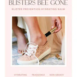 Blisters Bee Gone blister prevention hydrating balm packaging with a person applying it to their foot.
