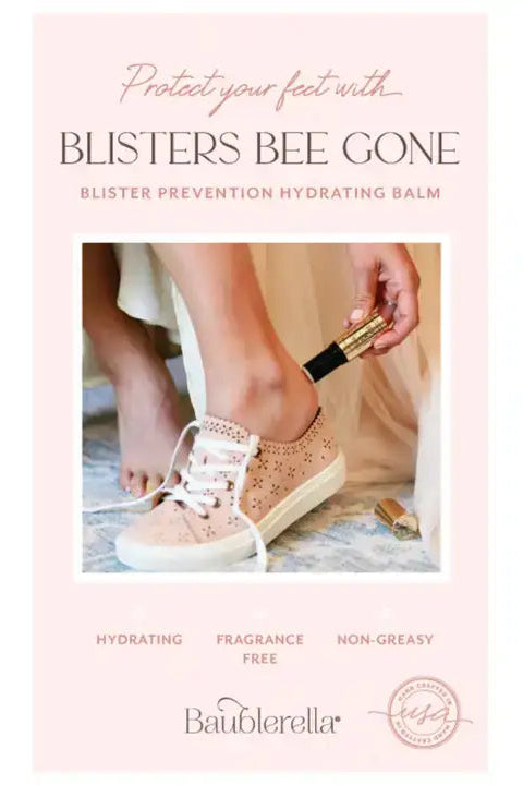 Blisters Bee Gone blister prevention hydrating balm packaging with a person applying it to their foot.