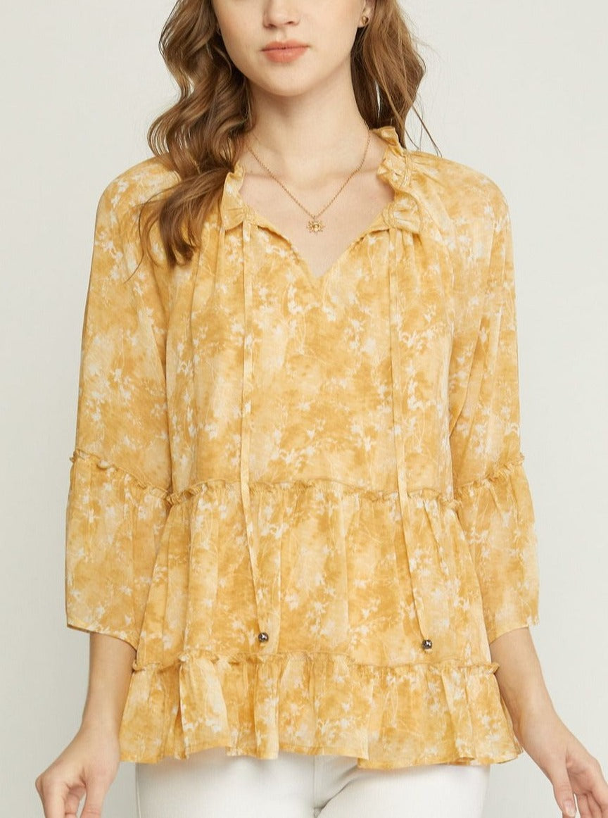 Tiered V-Neck 3/4 Sleeve Blouse