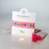 Packaged product with colorful text on a white surface