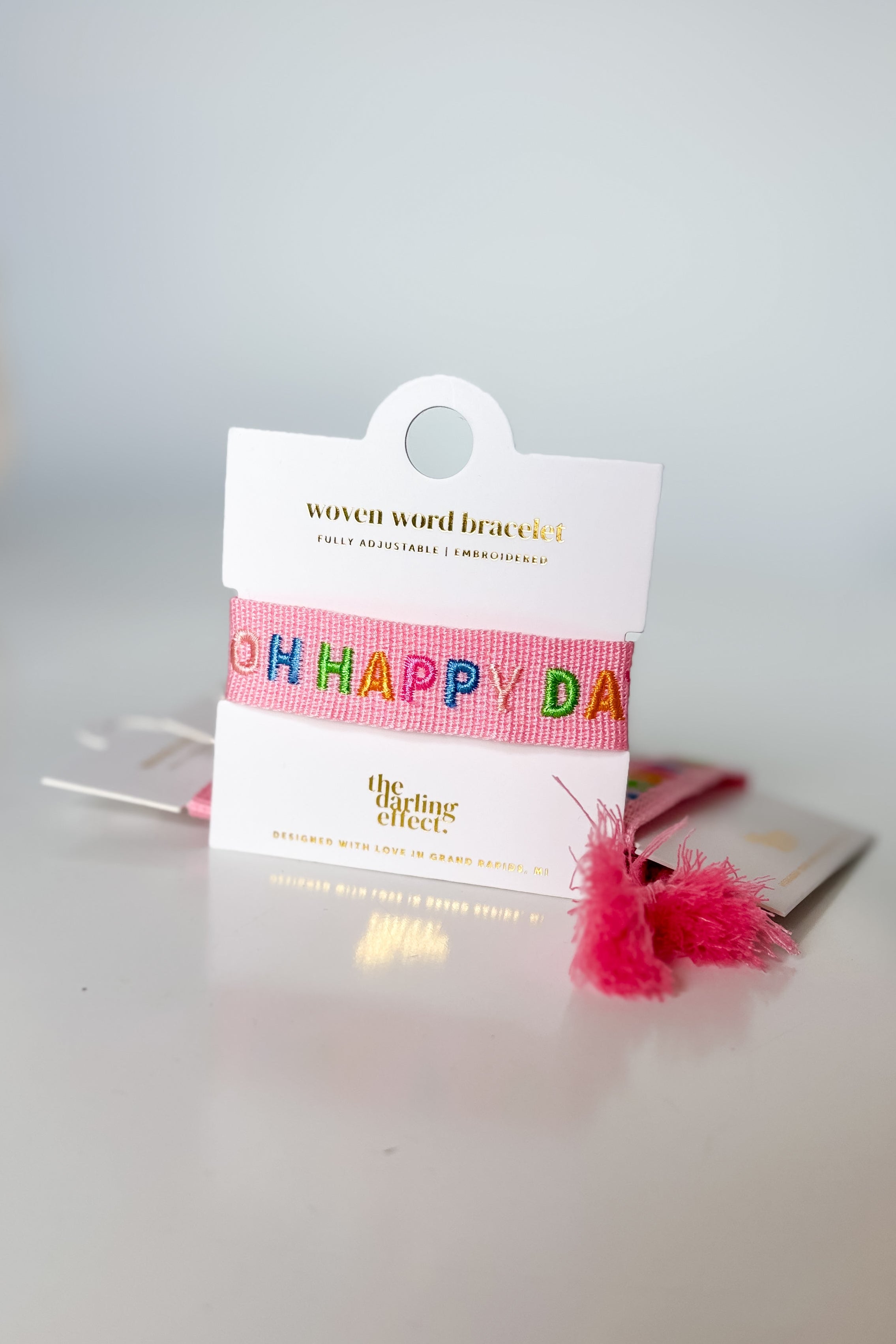 Packaged product with colorful text on a white surface